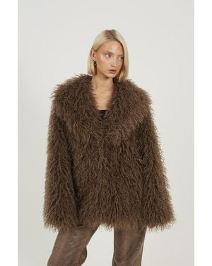 Brave Soul Shawl Collar Faux Mongolian Fur Jacket - Brown