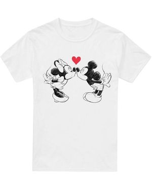 Disney Mickey & Minnie Mouse Kiss Sketch Valentine's Day T-Shirt Cotton - White