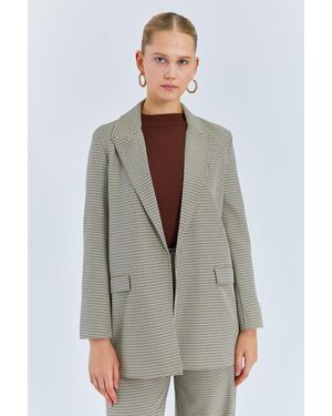 MixRay Long Plaid Crepe Blazer - Grey
