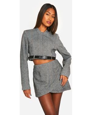 Boohoo Herringbone Wrap Front Mini Skirt - Grey