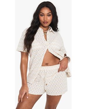 Boohoo Plus Zig Zag Knitted Beach Shorts - White