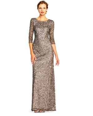 Adrianna Papell 3/4 Sleeve Beaded Mermaid Gown - Metallic