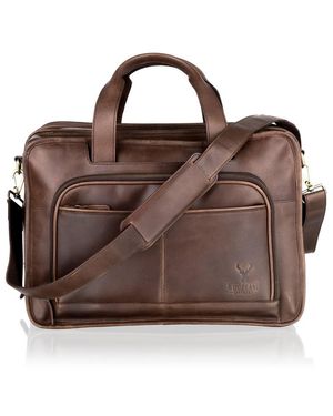 Woodland Leathers Leather Large Satchel Briefcase, Flap Over 18.5" Multi Zip Pockets - Brown