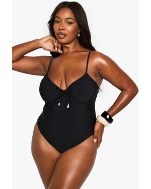 Boohoo Plus Shell Trim Ruched Cup Underwire Bathing Suit - Black