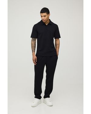 BoohooMAN Short Sleeve Jersey Herringbone Polo Shirt & Tapered Trouser Set - Blue