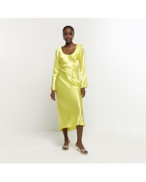 River Island Slip Midi Dress Satin Belted Viscose - Yellow