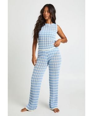 Boohoo Crochet Stripe Knit Top And Wide Leg Co-Ord - Blue