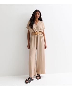 Gini London Short Sleeves Elasticated Waist Belted Jumpsuit - Natural