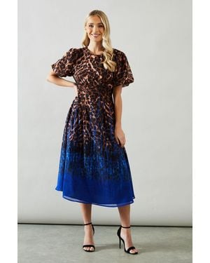 Wallis Petite Placement Print Puff Sleeve Midi Dress - Blue