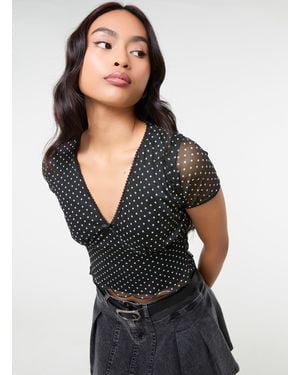 Pink Vanilla Polka Dot Mesh Cap Sleeve Crop Top - Black