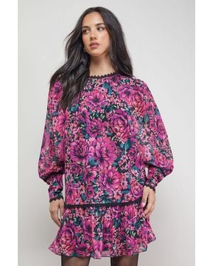 Oasis Printed Blouson Sleeve Tie Back Mini Dress - Purple