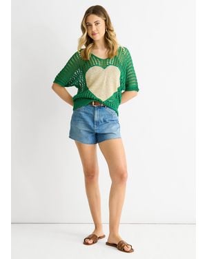 Gini London Fish Net Heart Pattern Crochet Top - Green