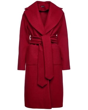 Conquista Long Dark Faux Mouflon Coat With Belt - Red