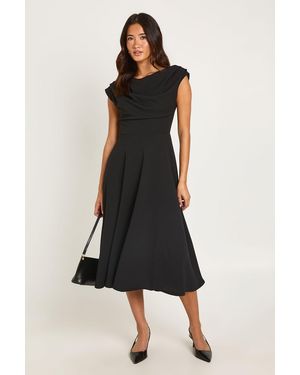 Boohoo Jersey Crepe Drape Shoulder Midi Skater Dress - Black