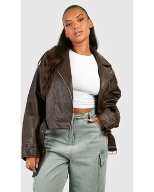 Boohoo Plus Vintage Faux Leather Crop Biker Jacket - Brown