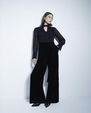 River Island Jumpsuit Long Sleeved Velvet Chiffon - Blue