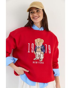 Bianco Lucci Relaxed Fit Printed Crew Neck Sweatshirt - Red
