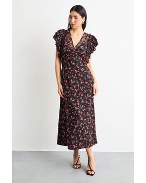 Warehouse Floral Print Ruffled Sleeve V Neck Maxi Dress - Black