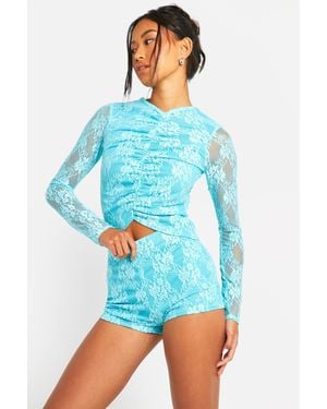 Boohoo Lace Ruched Front Long Sleeve Top - Blue