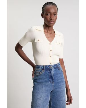 Karen Millen Military Trim Rib Knit Short Sleeve Collared Top - Blue