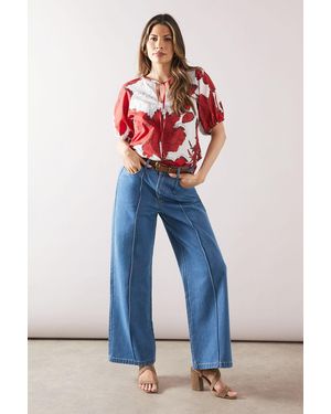 Wallis Floral Cotton Puff Sleeve Top - Blue