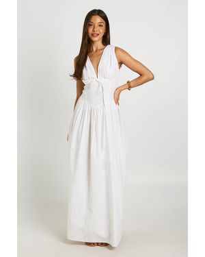 Boohoo Cotton Poplin Deep V Cinched Waist Detail Maxi Dress - White