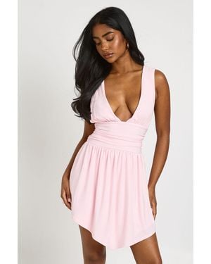Boohoo Double Layer Slinky Plunge Front Gathered Skirt Dress - Pink