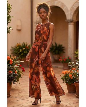 Roman Floral Print Pleated Jumpsuit - Brown