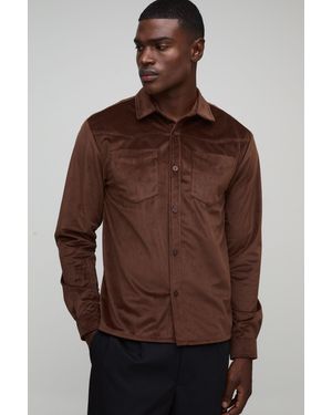 BoohooMAN Regular Fit Western Velvet Long Sleeve Shirt - Brown