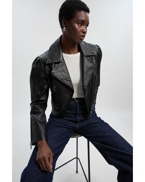 Karen Millen Leather Strong Shoulder Crop Biker Jacket - Blue