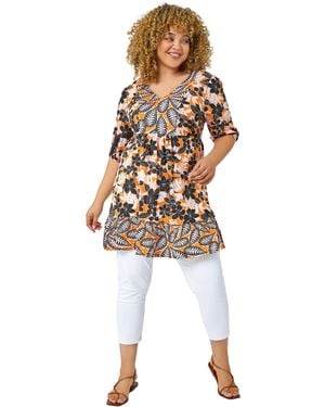 Roman Curve Leaf Print Tunic Top - White