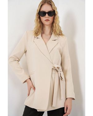 Bigdart Long Tie Closure Shawl Collar Blazer - Natural