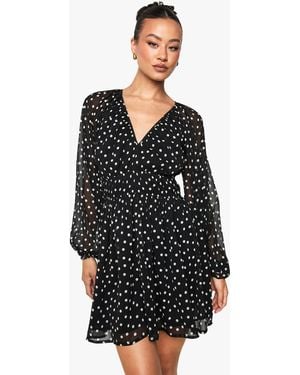 Boohoo Tall Polka Dot Chiffon Volume Sleeve Ruched Waist Mini Dress - Black