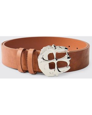 BoohooMAN Pu Gothic Cross Buckle Belt - Brown