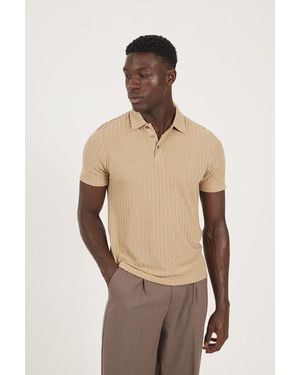 Brave Soul Textured Short Sleeve Polo Shirt - Natural