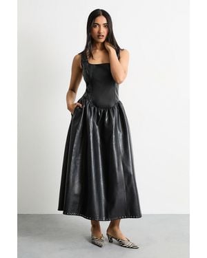 Warehouse Faux Leather Whipstitch Trim Midi Dress - Black