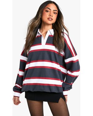 Boohoo Stripe Oversized Collared Rugby Shirt - White