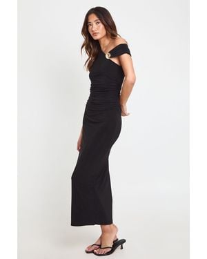 Boohoo Double Layer Slinky Trim One Shoulder Ruched Maxi Dress - Blue
