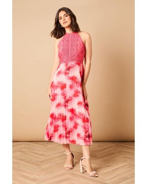 Oasis Printed Lace Mix Halterneck Midi Dress - Pink