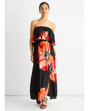 Gini London Bardot Ruffle Slit Viscose Midi Dress - White
