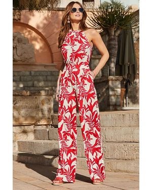 Sosandar Tropical Print Halter Neck Jumpsuit With Pockets - Red