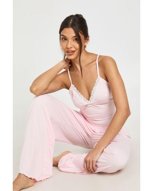 Boohoo Jersey Lace Trim Cami & Trouser Pyjama Set - Pink