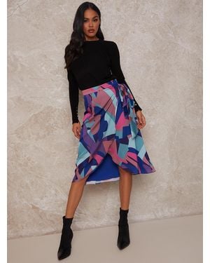 Chi Chi London Graphic Print Wrap Detail Midi Skirt - Blue