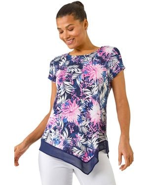 Roman Textured Floral Print Asymmetric Top - Blue
