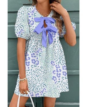 Azura Exchange Leopard Contrast Bow Puff Sleeve Mini Dress - Blue
