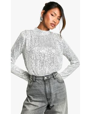 Boohoo High Neck Sequin Bodysuit - Grey