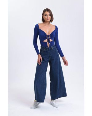 Hiccup Sweatheart Neck Slinky Fabric Cut Out Low Cut Body - Blue