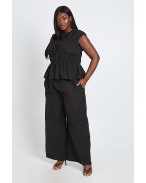 Boohoo Plus Shirred High Neck Top And Wide Leg Trouser Set - Black