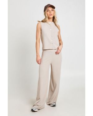 Boohoo Petite Crinkle Rib Button Through Sleeveless Top And Trouser Set - Natural