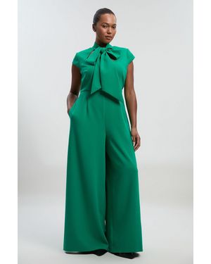Karen Millen Plus Size Compact Stretch Bow Tie Neck Tailored Wide Leg Jumpsuit - Green